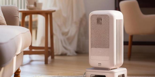 light pink space heater on a pedestal sits in a living room.