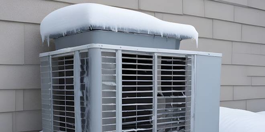 An air conditioning unit is covered in a layer of snow and icicles, posing risks for AC ice buildup.